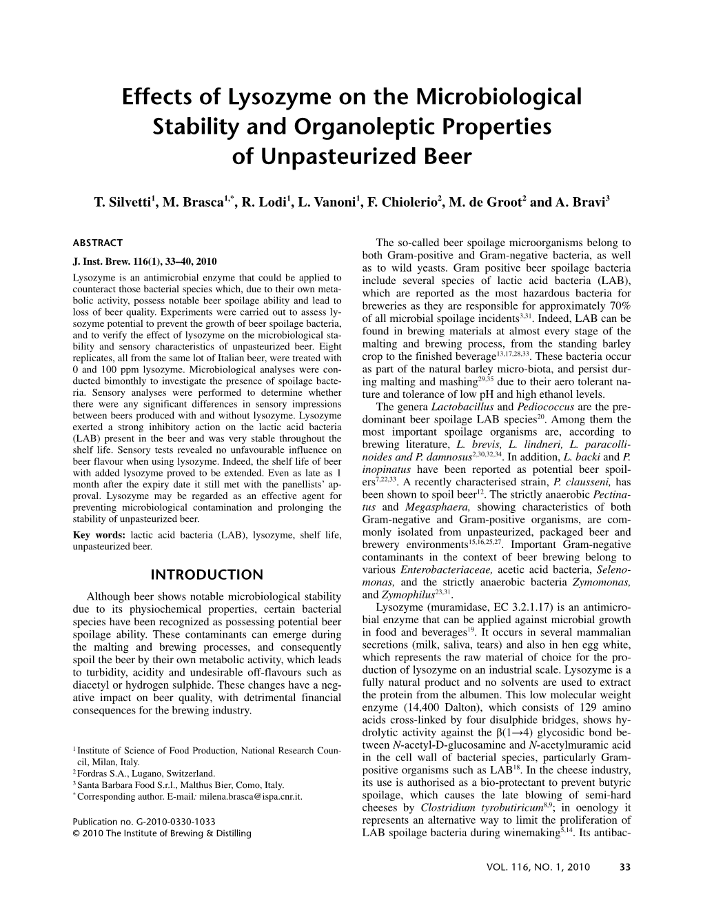 Effects of Lysozyme on the Microbiological Stability and Organoleptic Properties of Unpasteurized Beer