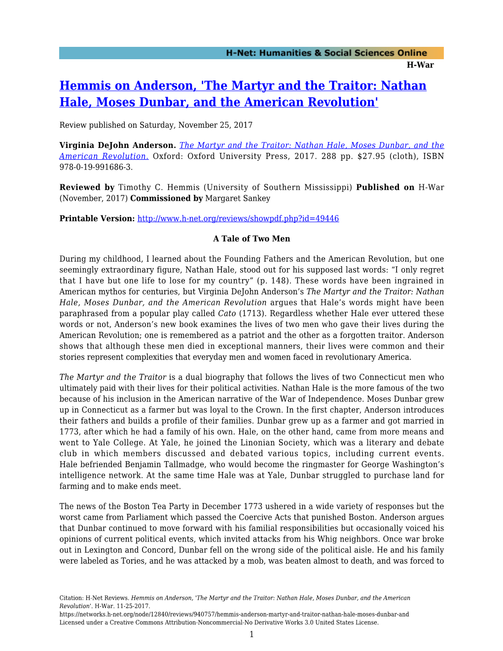 The Martyr and the Traitor: Nathan Hale, Moses Dunbar, and the American Revolution'