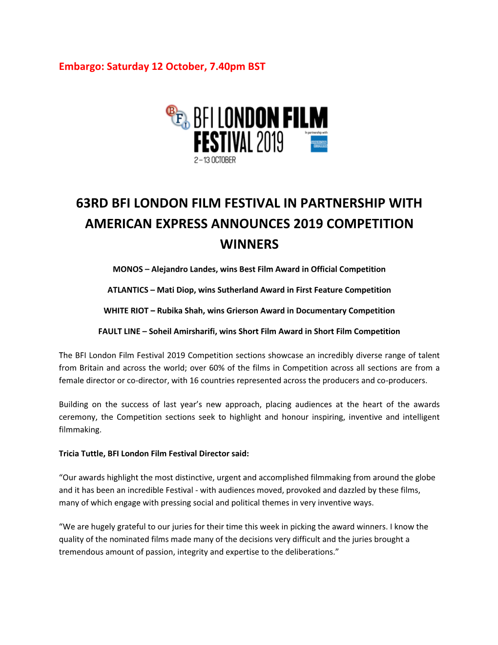 63Rd Bfi London Film Festival in Partnership with American Express Announces 2019 Competition Winners