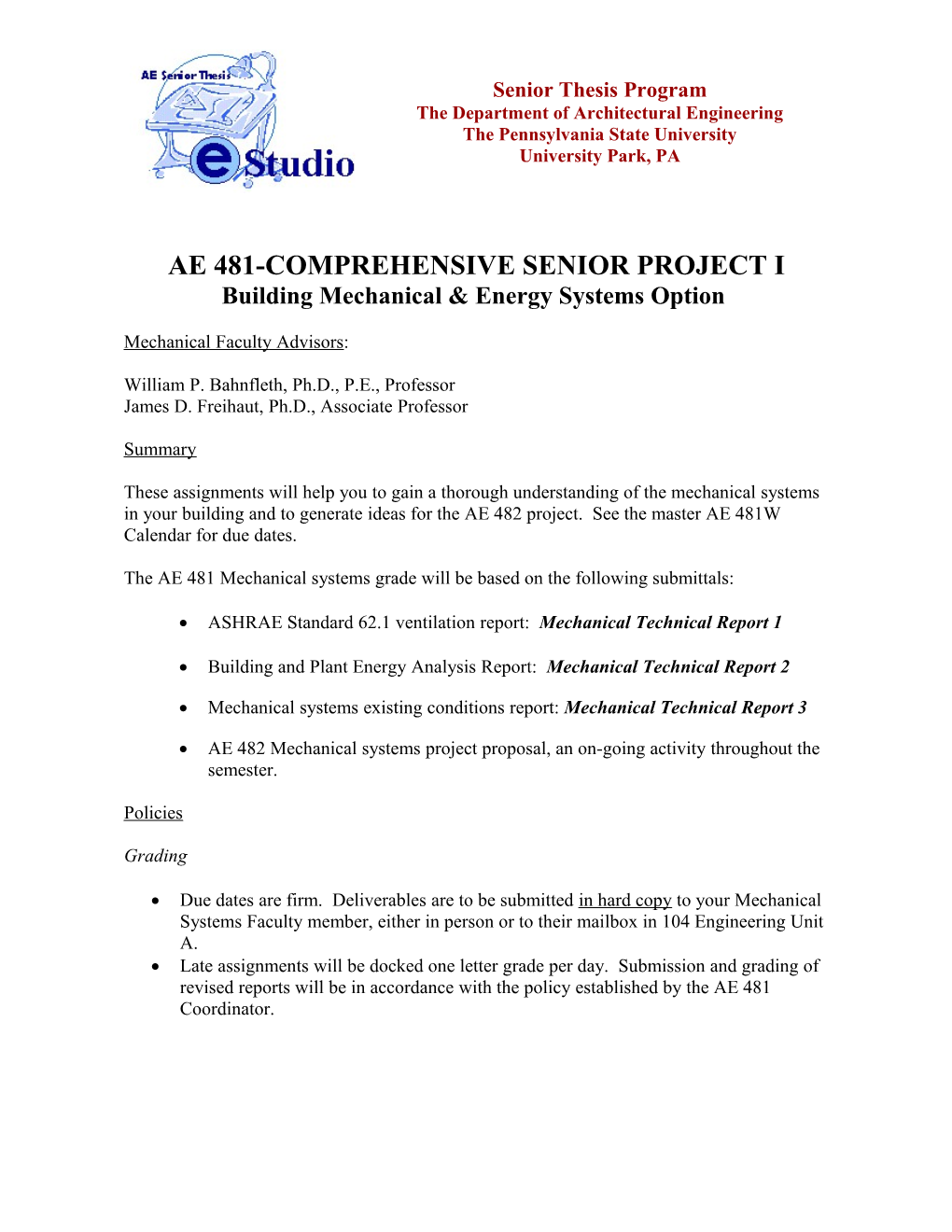 Assignments for HVAC Emphasis Students