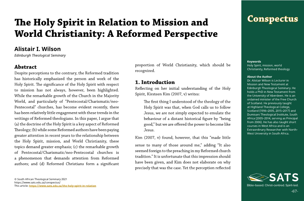 The Holy Spirit in Relation to Mission and World Christianity: a Reformed