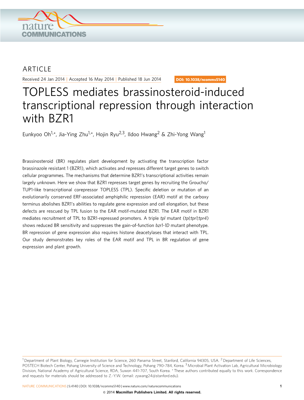 TOPLESS Mediates Brassinosteroid-Induced Transcriptional Repression Through Interaction with BZR1