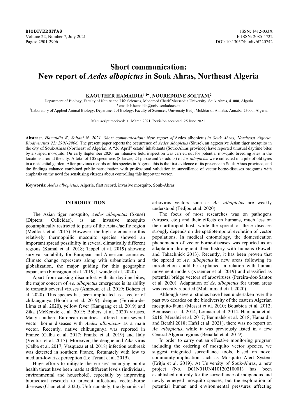 New Report of Aedes Albopictus in Souk Ahras, Northeast Algeria