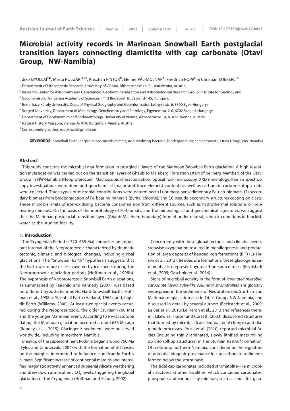 Microbial Activity Records in Marinoan Snowball Earth Postglacial Transition Layers Connecting Diamictite with Cap Carbonate (Otavi Group, NW-Namibia)______