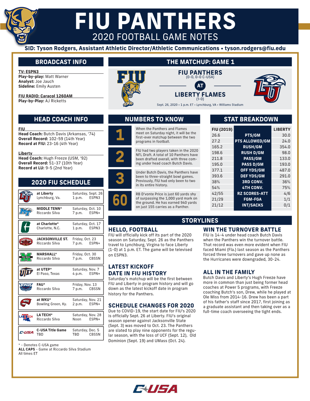 FIU PANTHERS 2020 FOOTBALL GAME NOTES SID: Tyson Rodgers, Assistant Athletic Director/Athletic Communications • Tyson.Rodgers@Fiu.Edu