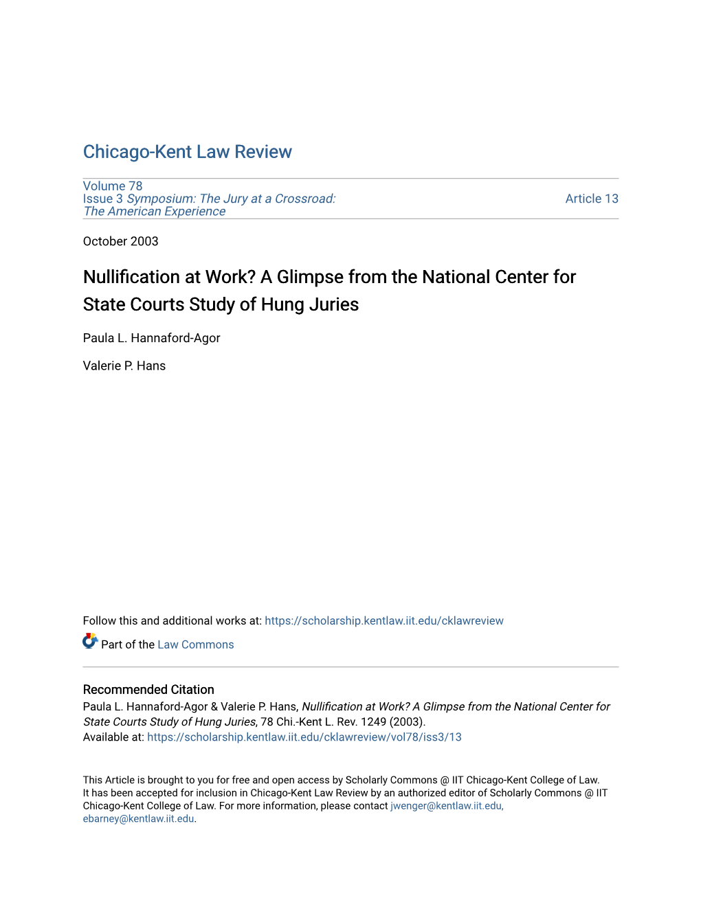 Nullification at Work? a Glimpse from the National Center for State Courts Study of Hung Juries*