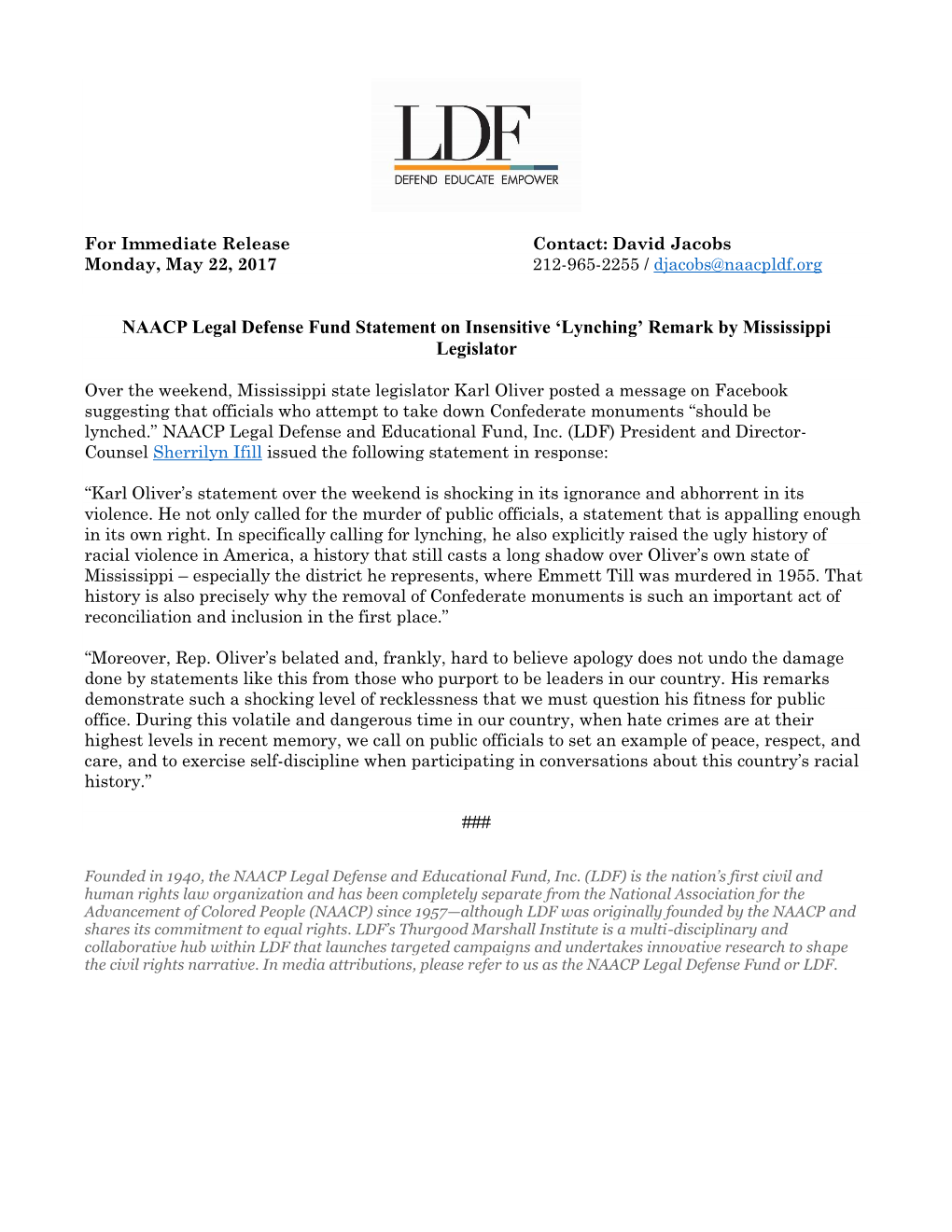 NAACP Legal Defense Fund Statement on Insensitive 'Lynching