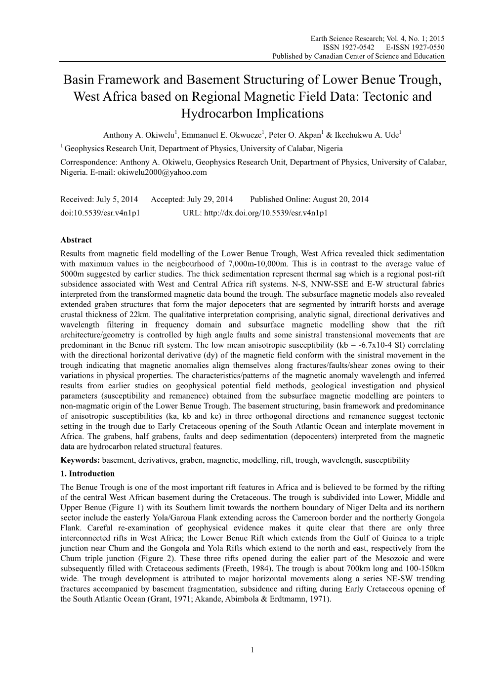 Basin Framework and Basement Structuring of Lower Benue Trough, West Africa Based on Regional Magnetic Field Data: Tectonic and Hydrocarbon Implications