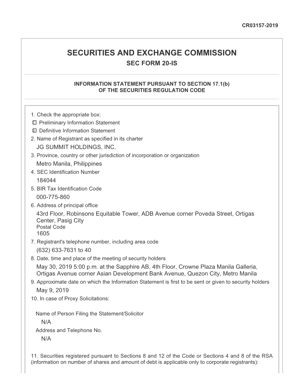 Securities and Exchange Commission Sec Form 20-Is