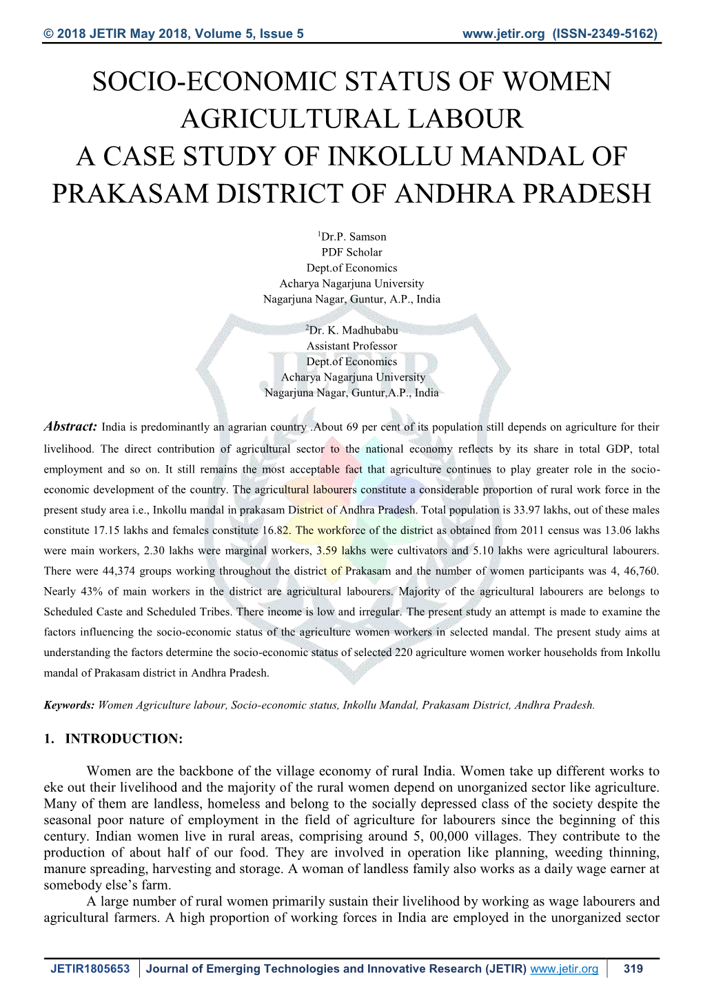 Socio-Economic Status of Women Agricultural Labour a Case Study of Inkollu Mandal of Prakasam District of Andhra Pradesh