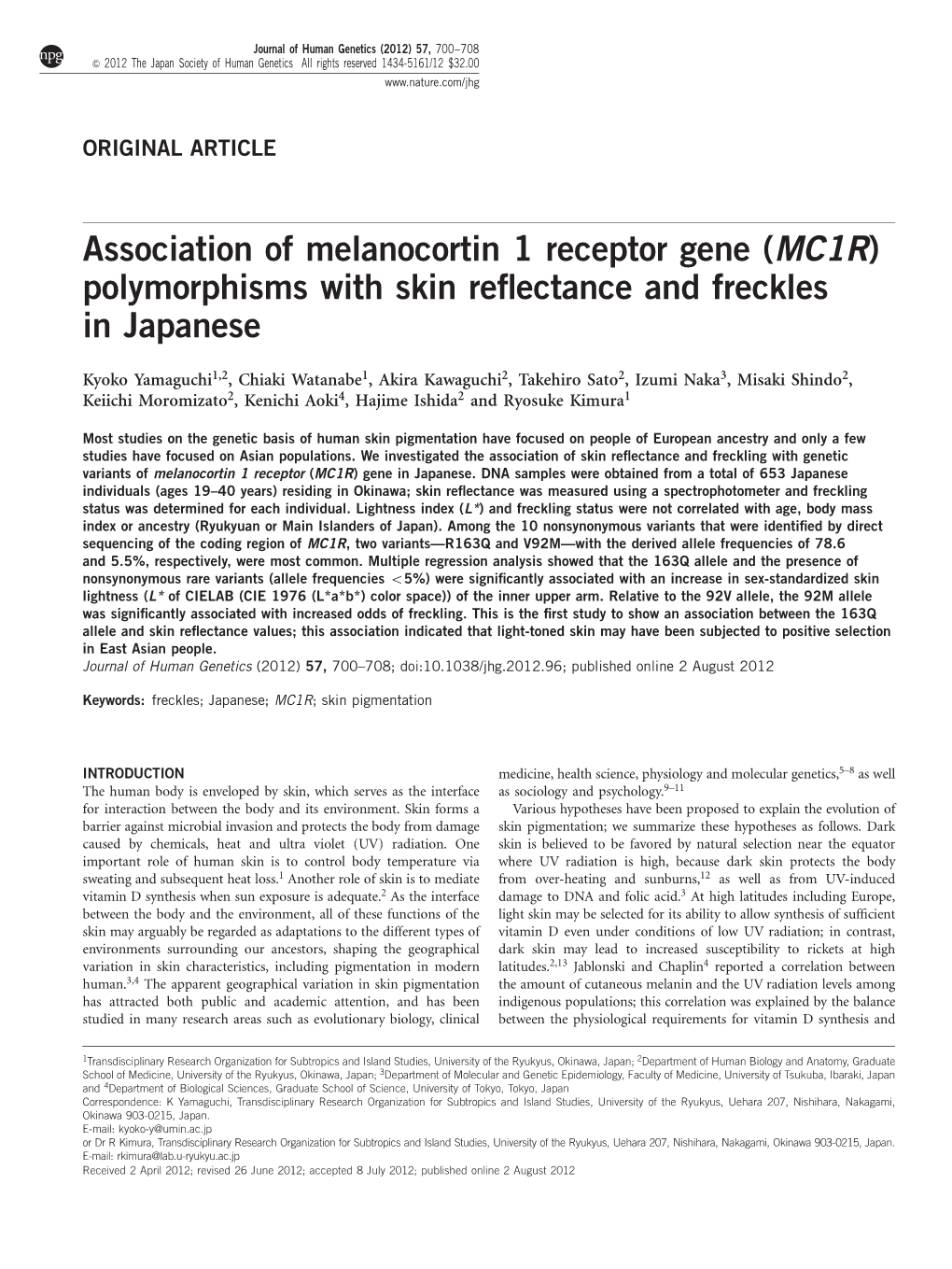 Polymorphisms with Skin Reflectance and Freckles in Japanese