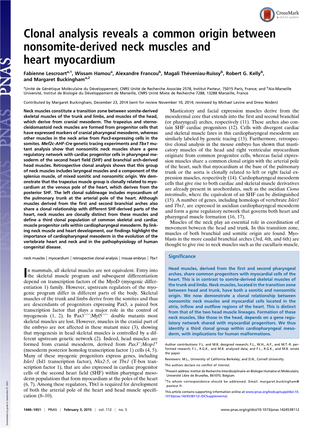 Clonal Analysis Reveals a Common Origin Between Nonsomite-Derived Neck Muscles and Heart Myocardium