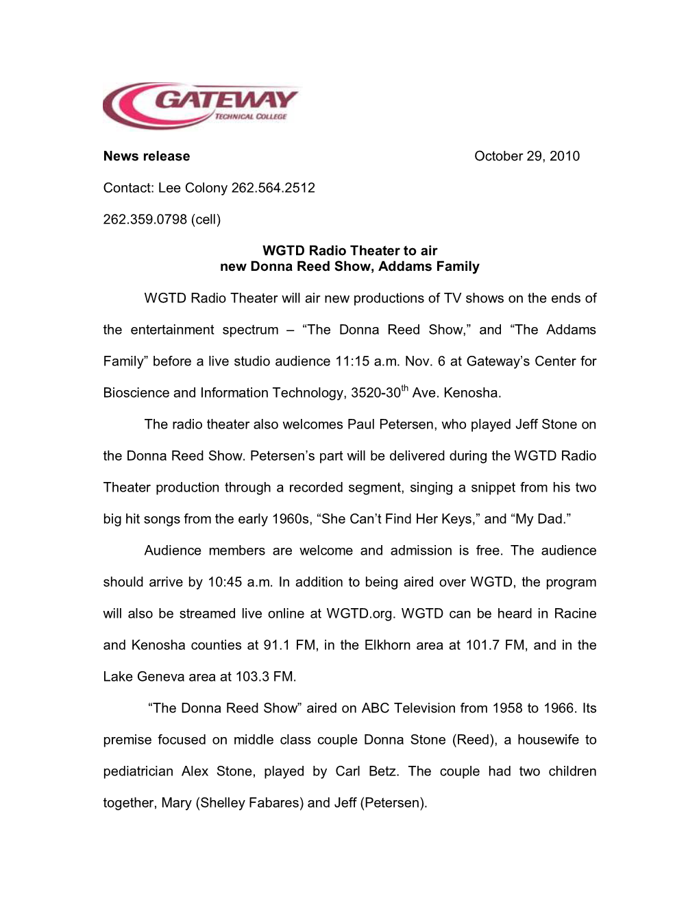 WGTD Radio Theater to Air New Donna Reed Show, Addams Family(Link Is External)