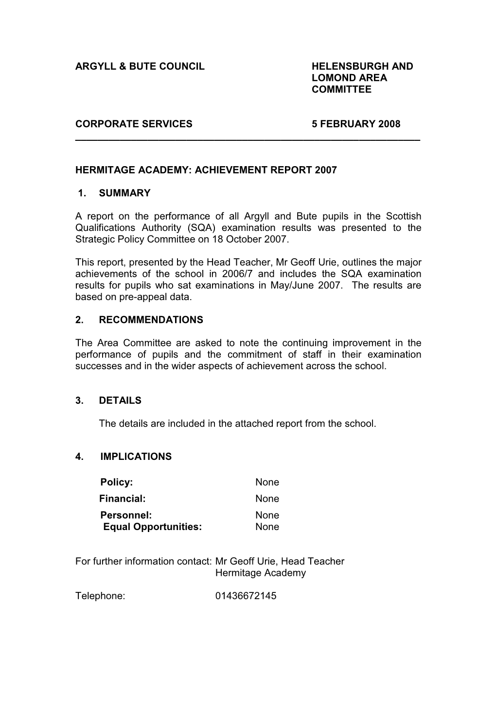 Argyll & Bute Council Helensburgh and Lomond Area Committee