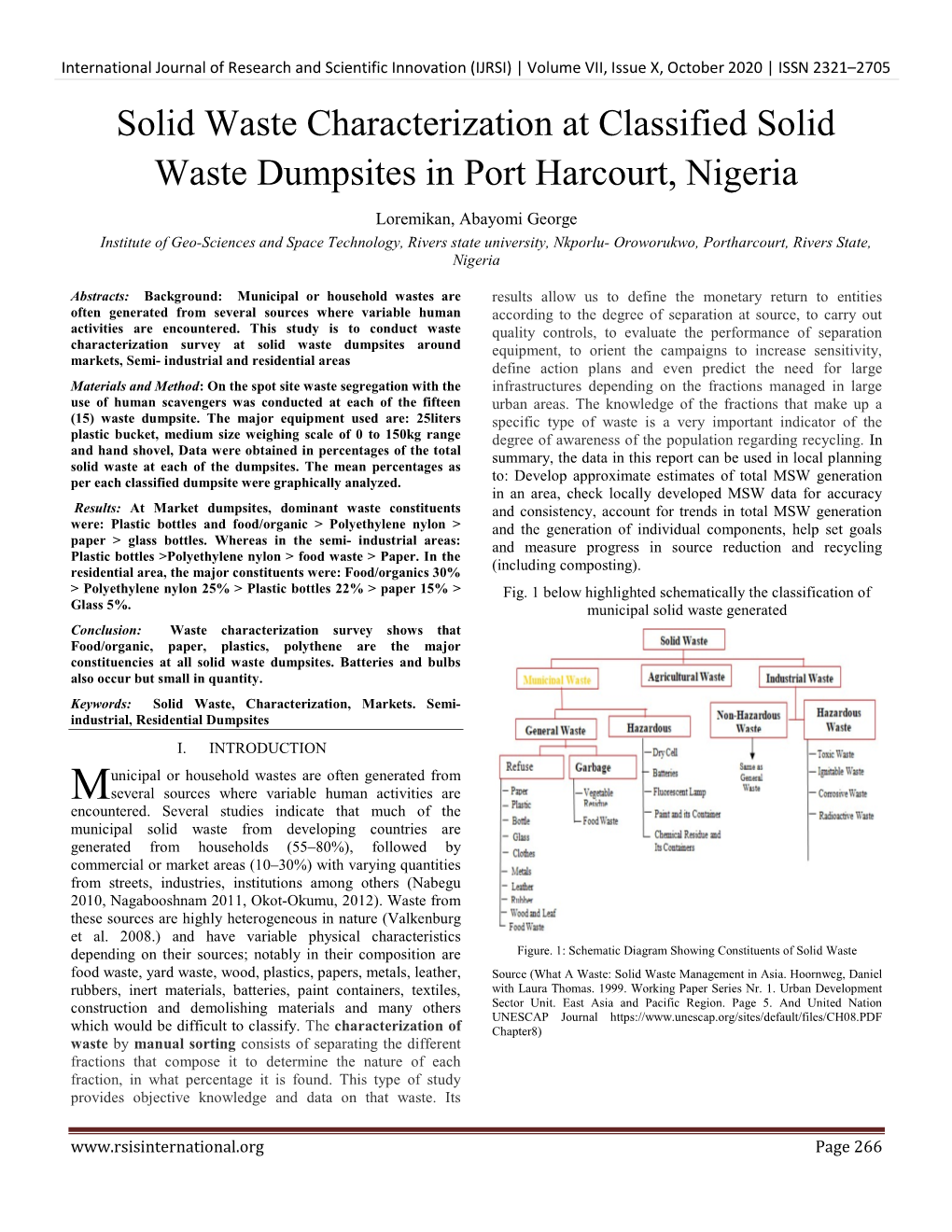 Solid Waste Characterization at Classified Solid Waste Dumpsites in Port Harcourt, Nigeria