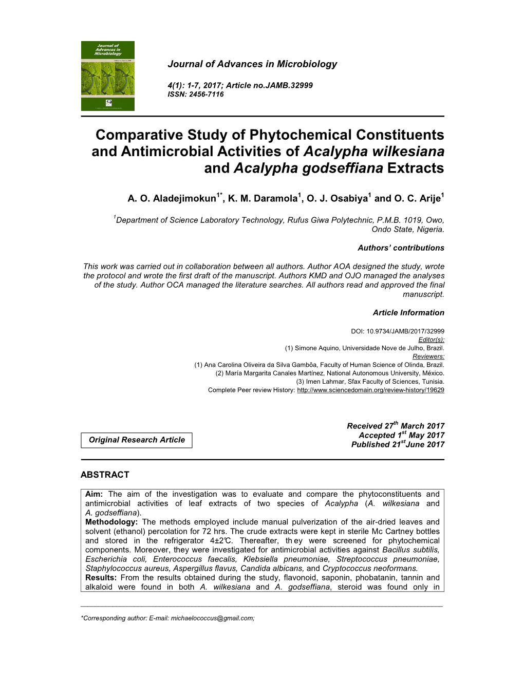 Comparative Study of Phytochemical Constituents and Antimicrobial Activities of Acalypha Wilkesiana and Acalypha Godseffiana Extracts