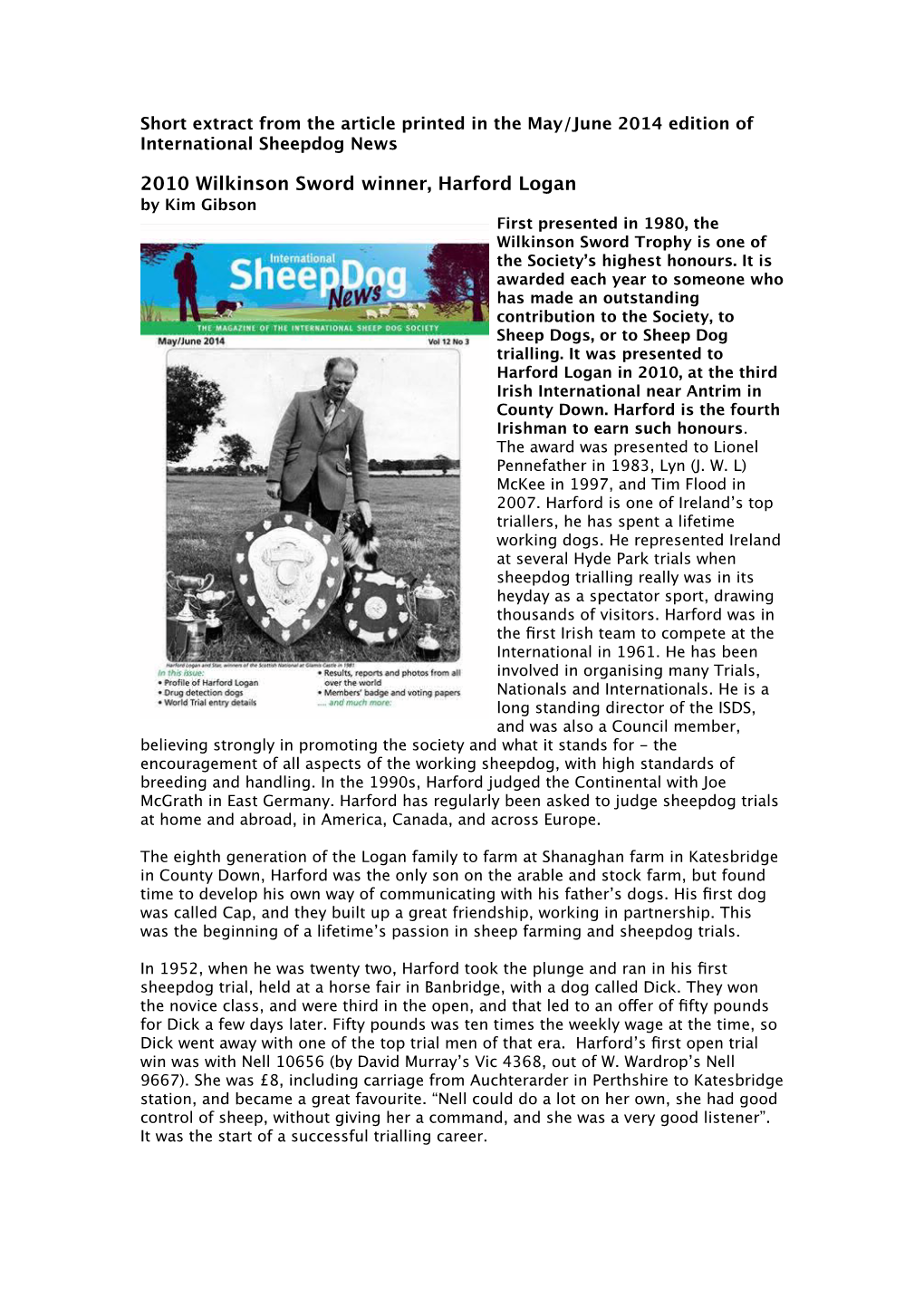 Short Extract from the Article Printed in the May/June 2014 Edition of International Sheepdog News
