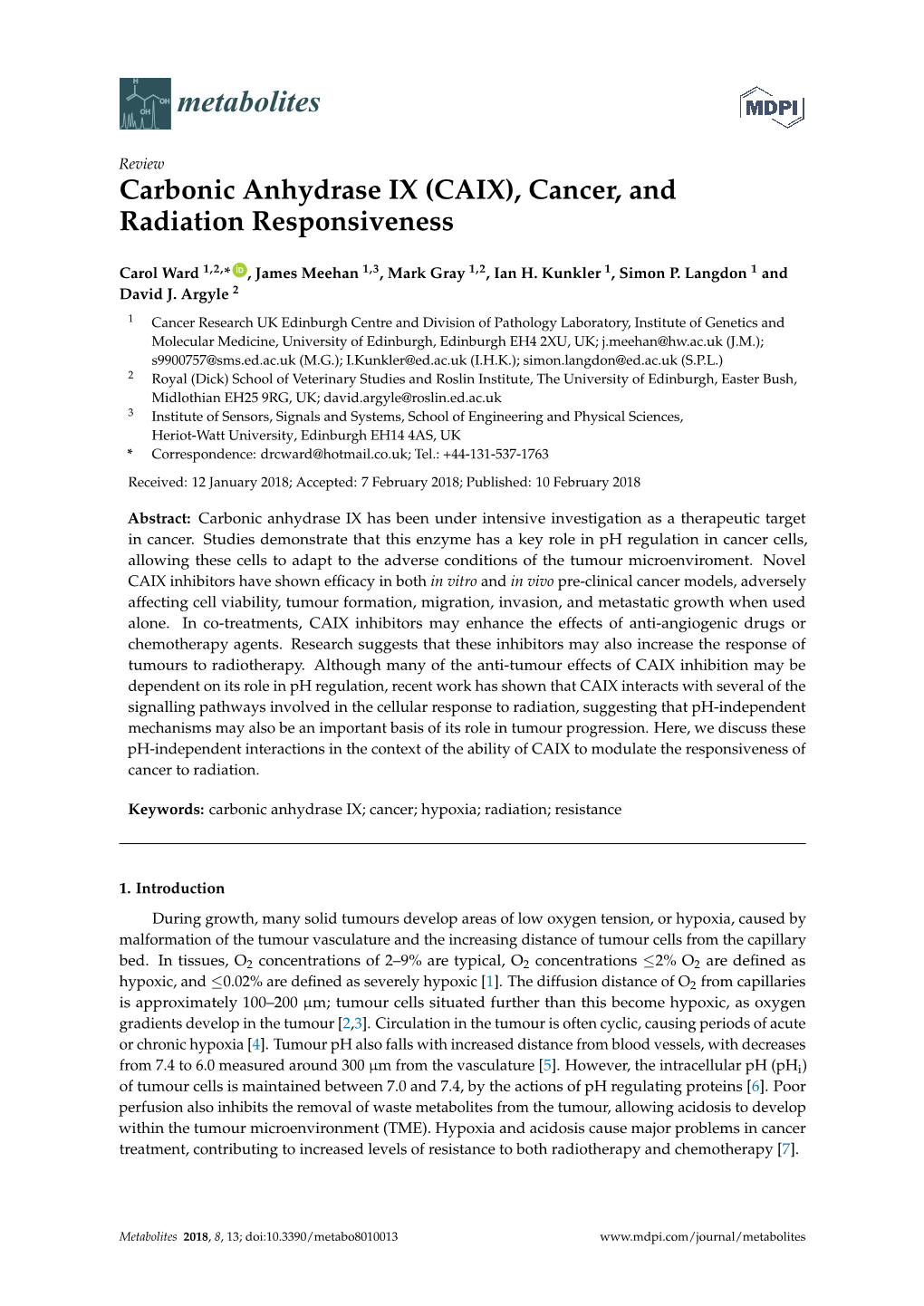 Carbonic Anhydrase IX (CAIX), Cancer, and Radiation Responsiveness