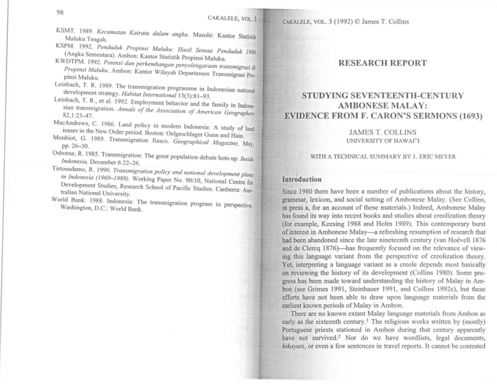 Research Report Studying Seventeenth-Century Ambonese Malay: Evidence from F. Caron's Sermons (1693)