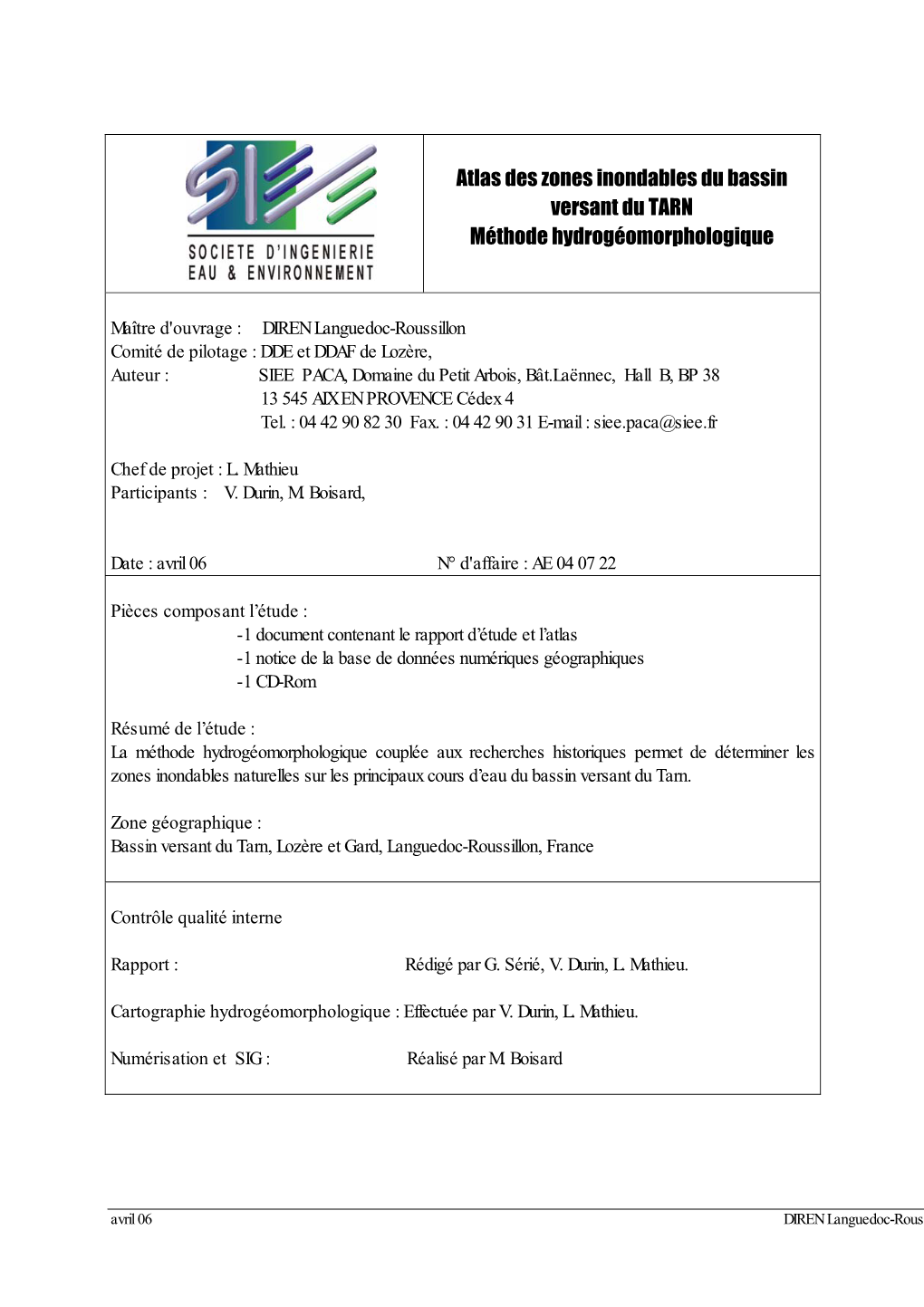 Atlas Des Zones Inondables Du Bassin Versant Du TARN Méthode Hydrogéomorphologique