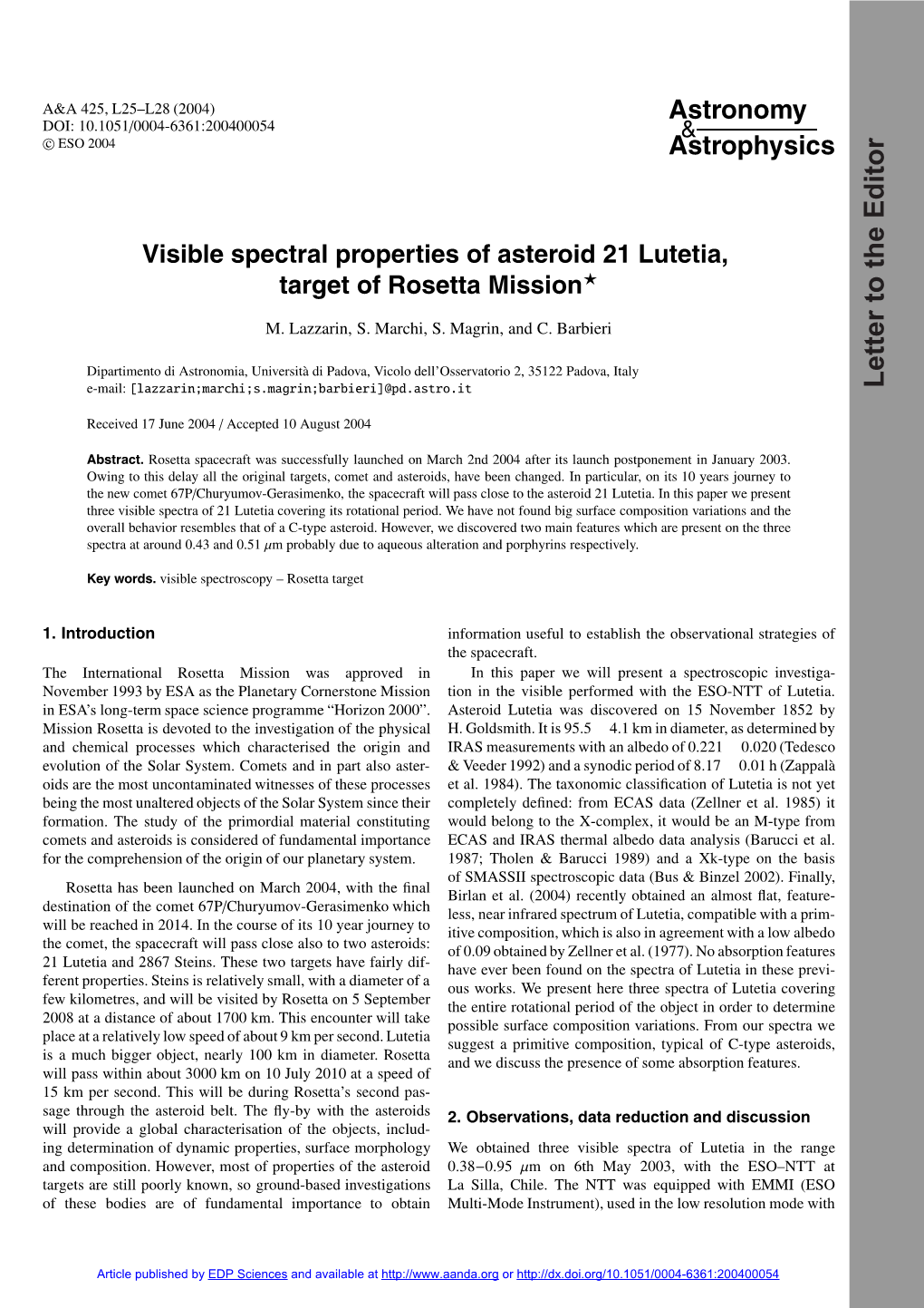 Visible Spectral Properties of Asteroid 21 Lutetia, Target of Rosetta Mission