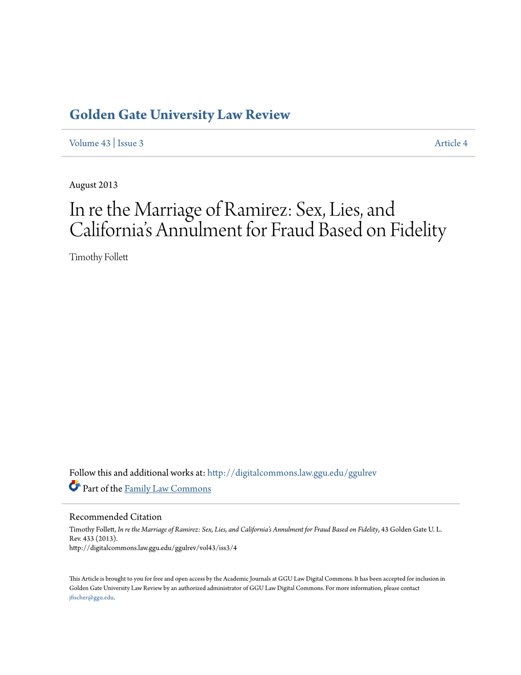 In Re the Marriage of Ramirez: Sex, Lies, and California's Annulment for Fraud Based on Fidelity