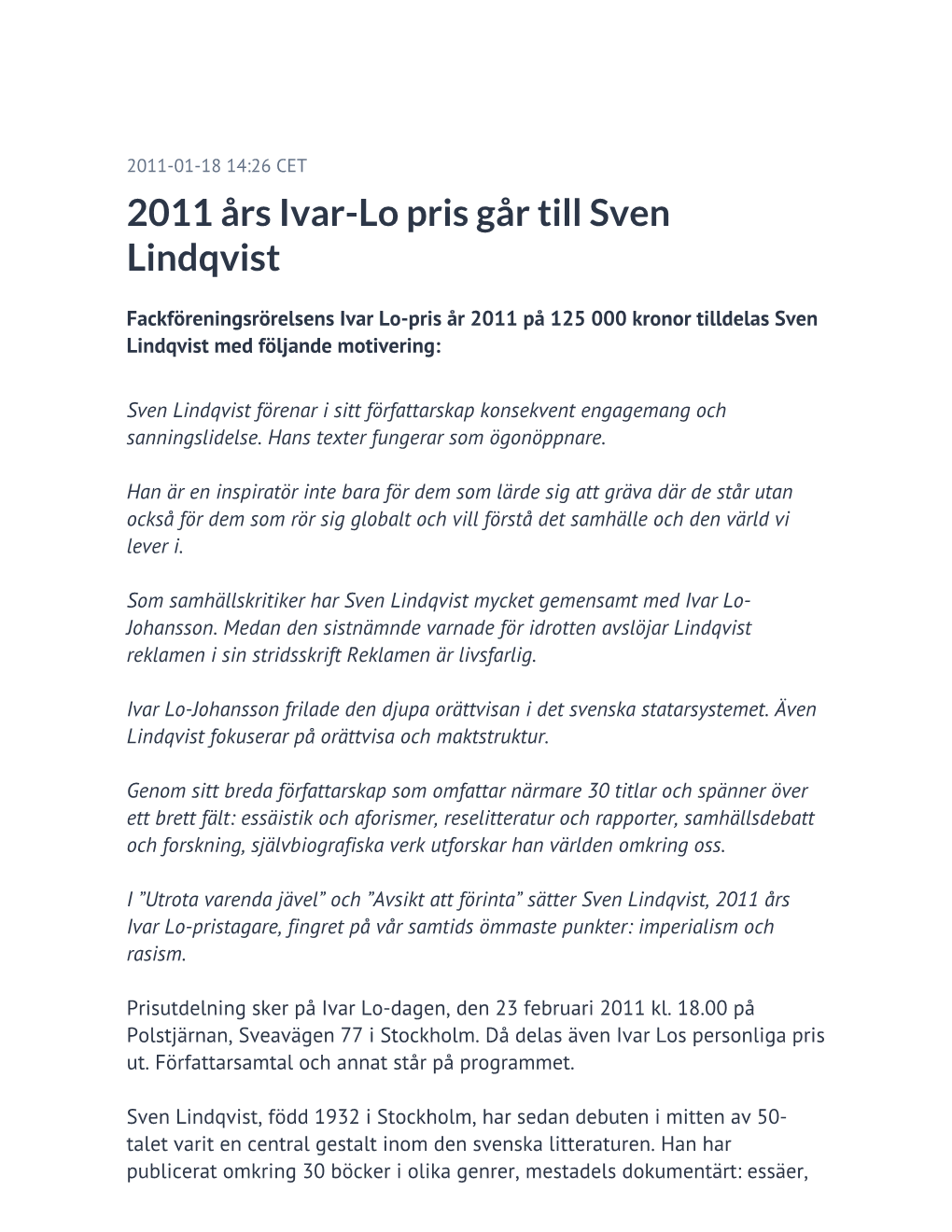 2011 Års Ivar-Lo Pris Går Till Sven Lindqvist