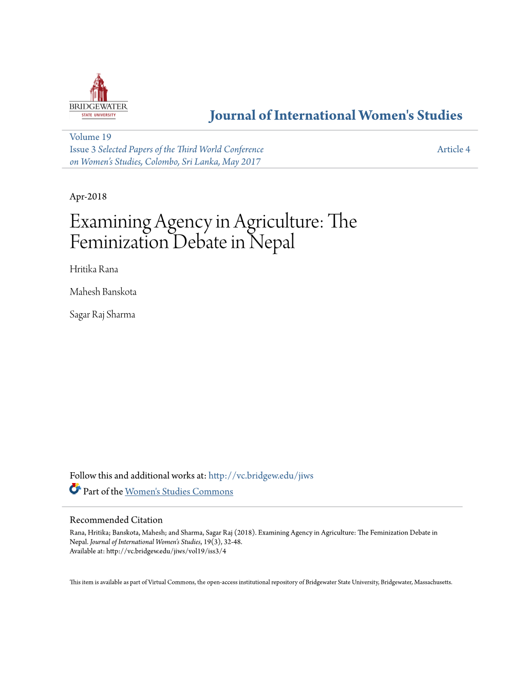 Examining Agency in Agriculture: the Feminization Debate in Nepal Hritika Rana