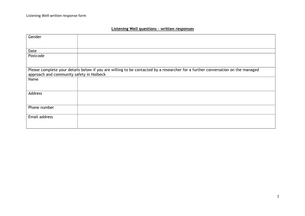 Listening Well Written Response Form 1 Listening Well Questions