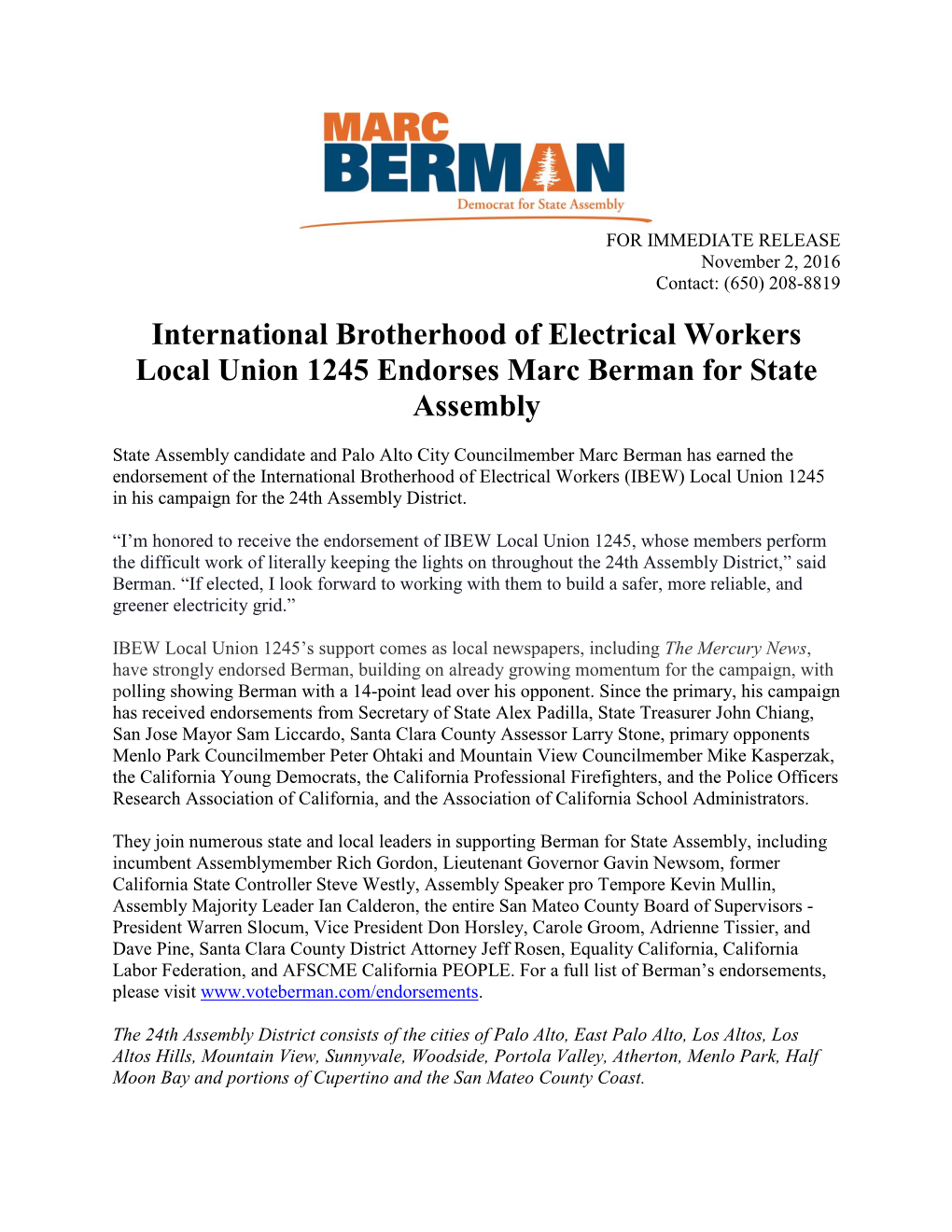 International Brotherhood of Electrical Workers Local Union 1245 Endorses Marc Berman for State Assembly