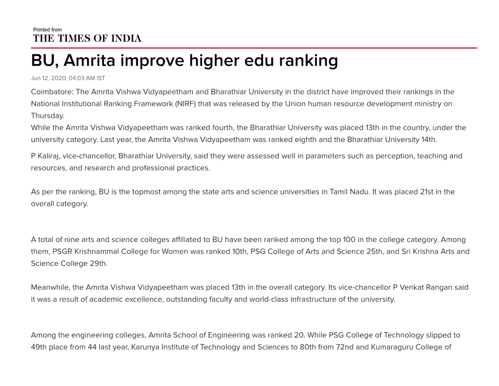 Amrita Ranked 4Th Best University