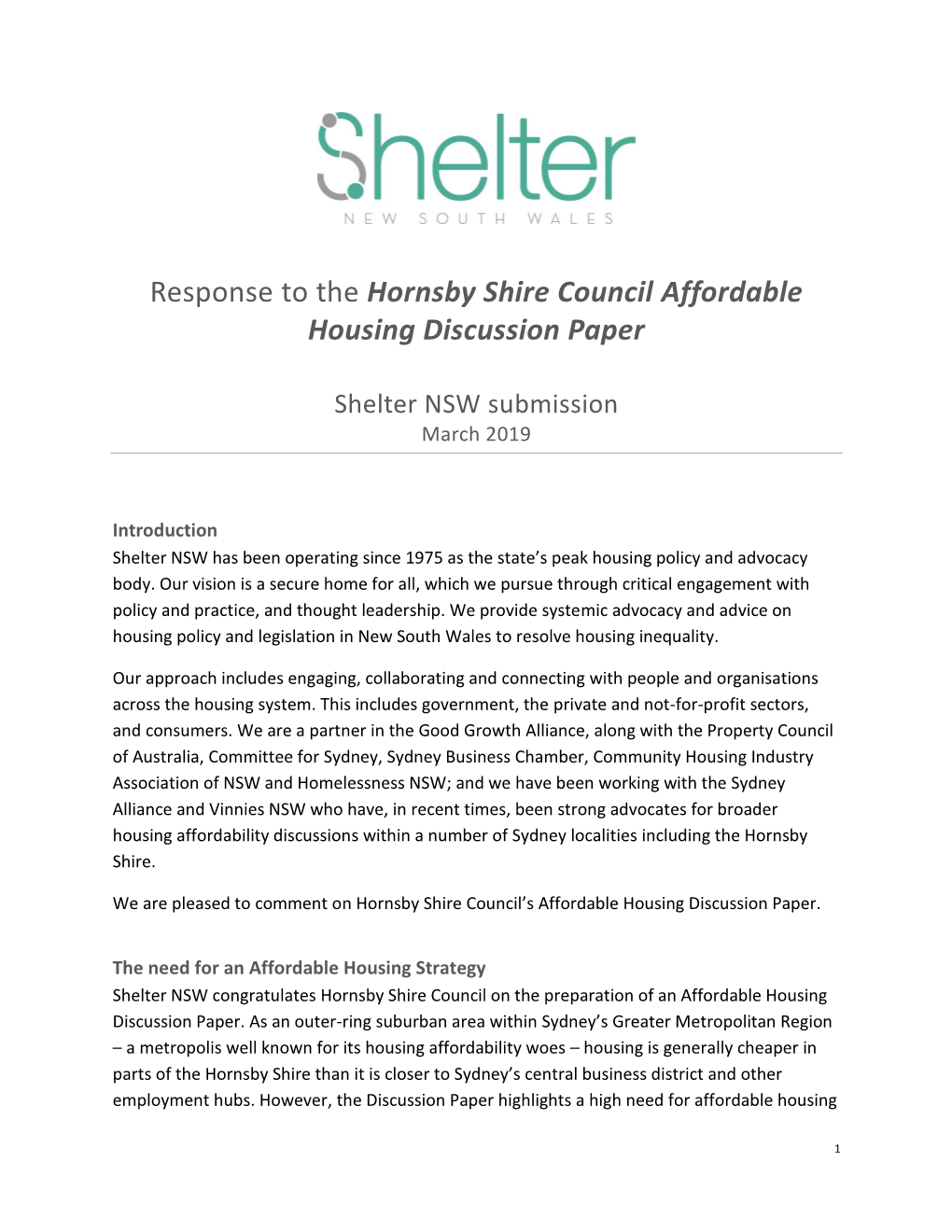 Response to the Hornsby Shire Council Affordable Housing Discussion Paper