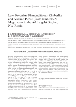 Late Devonian Diamondiferous Kimberlite and Alkaline Picrite (Proto-Kimberlite?) Magmatism in the Arkhangelsk Region, NW Russia