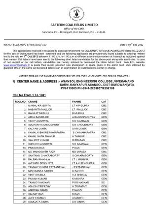 Examination Center Wise List of Eligible