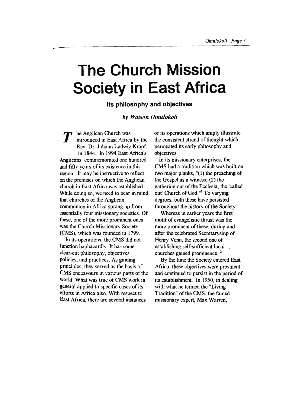 The Church Mission Society in East Africa: Its Philosophy and Objectives