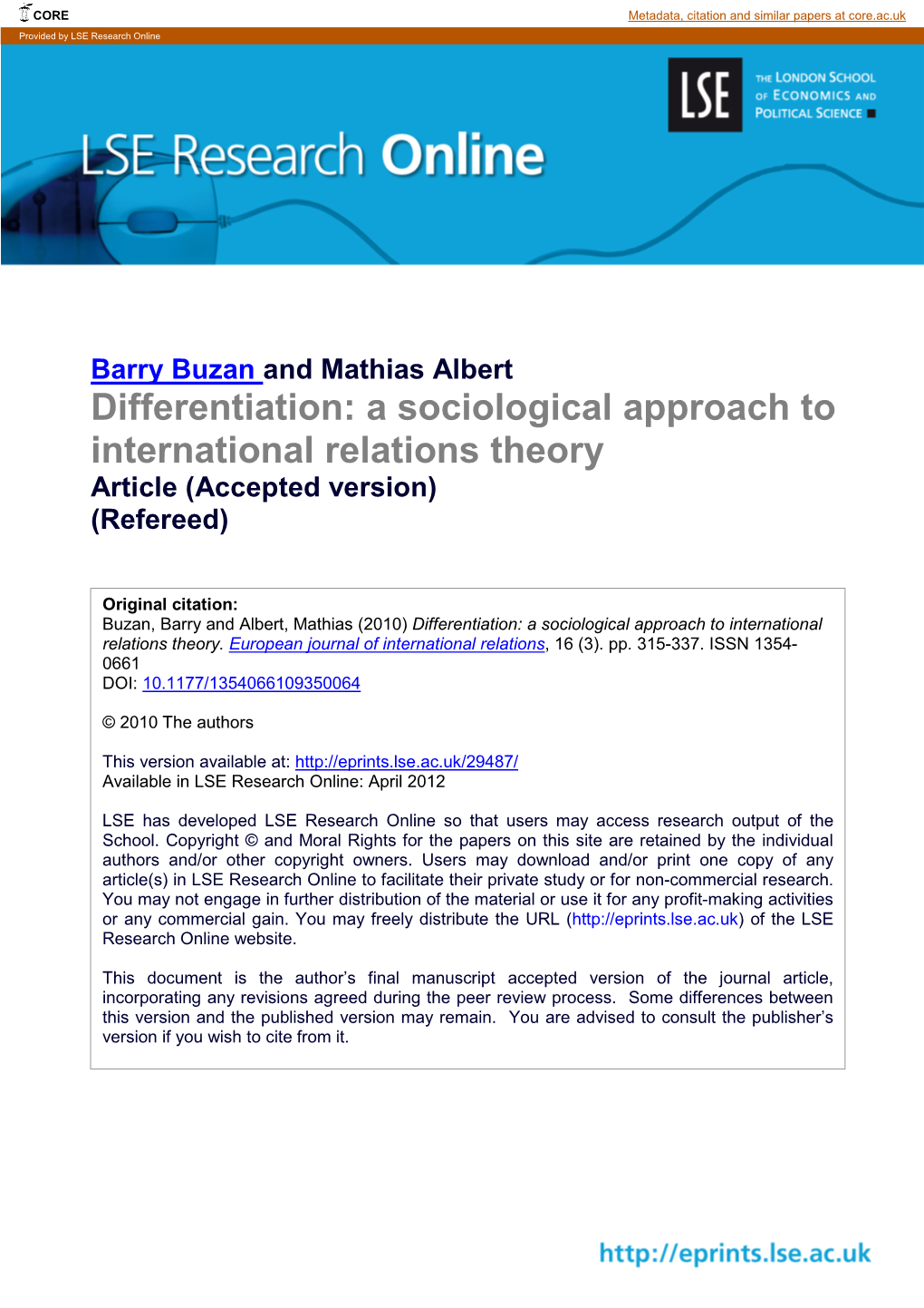 Differentiation: a Sociological Approach to International Relations Theory Article (Accepted Version) (Refereed)