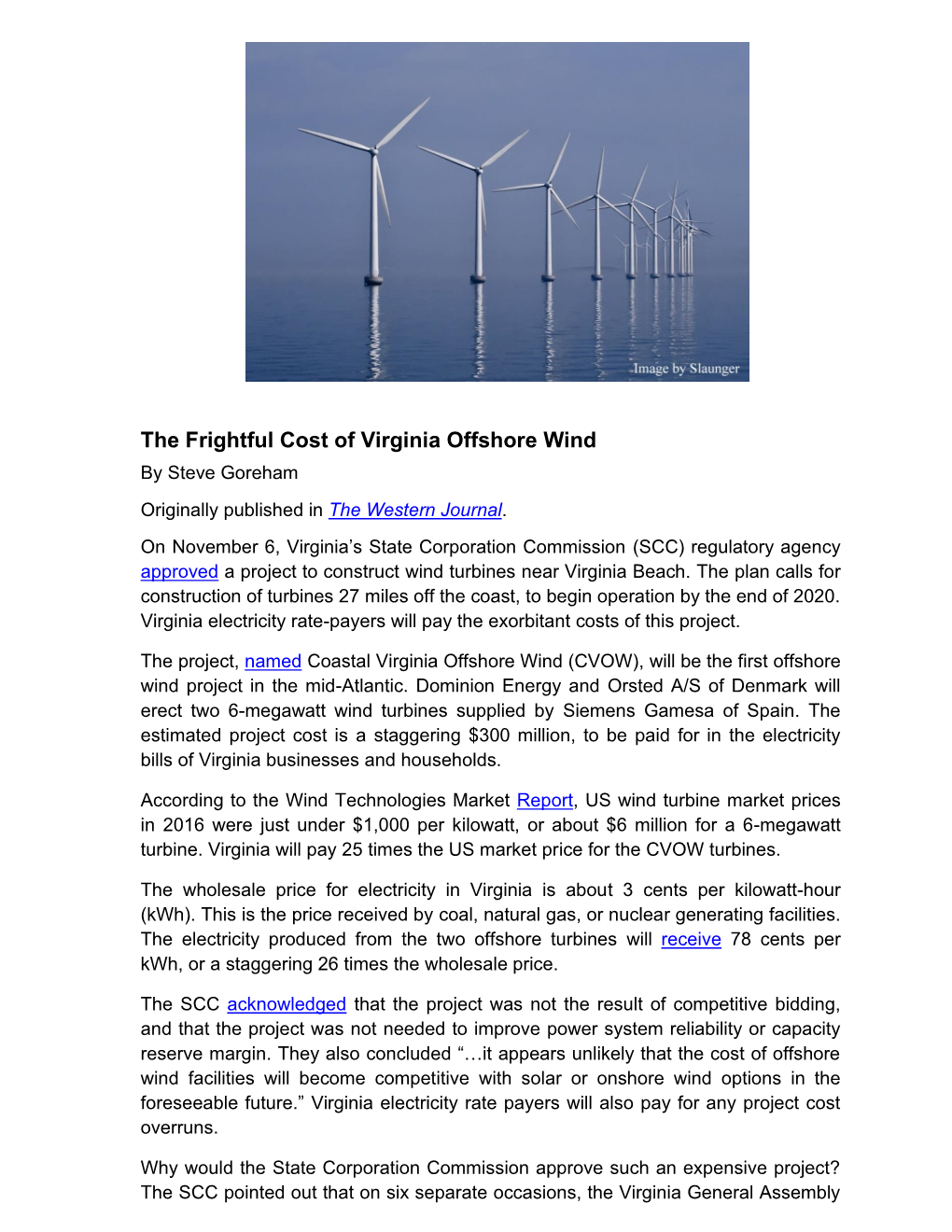 The Frightful Cost of Virginia Offshore Wind by Steve Goreham Originally Published in the Western Journal