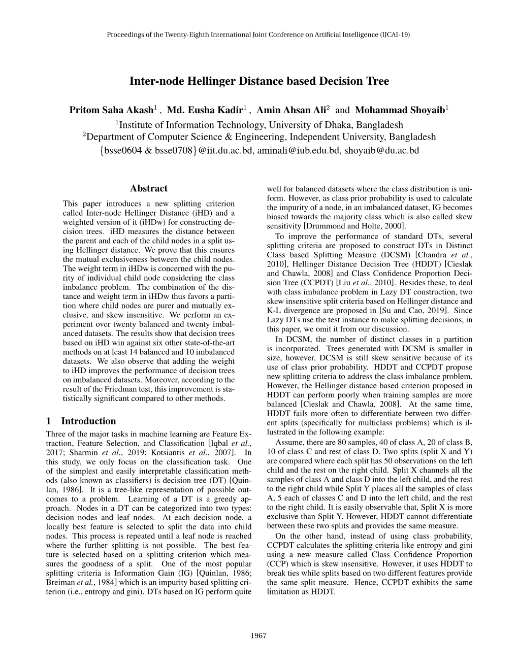 Inter-Node Hellinger Distance Based Decision Tree