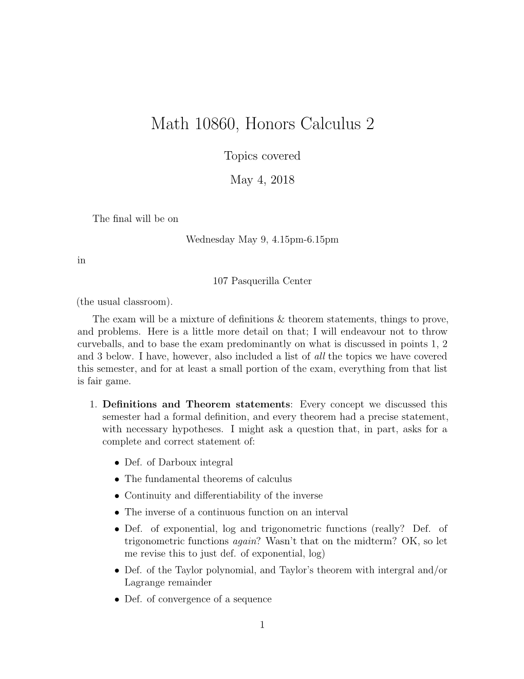 Math 10860, Honors Calculus 2