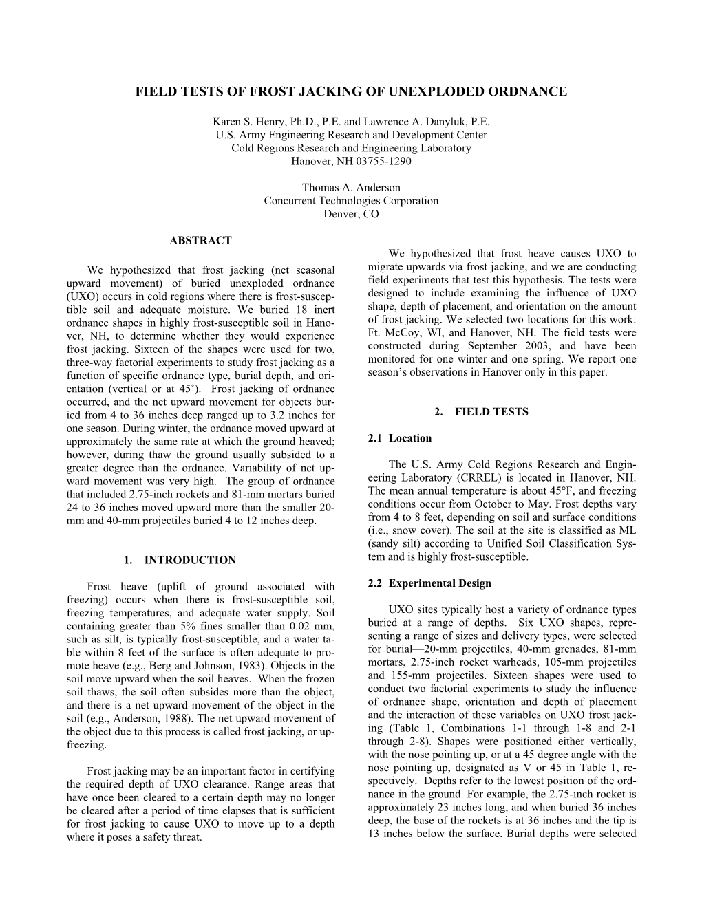 Field Tests of Frost Jacking of Unexploded Ordnance