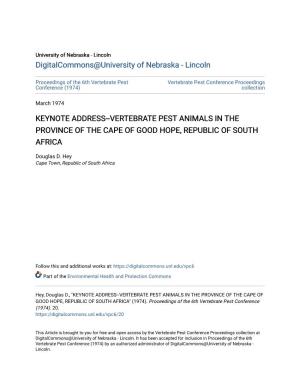 Vertebrate Pest Animals in the Province of the Cape of Good Hope, Republic of South Africa