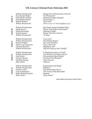 List of Poems Used in Literary Criticism Contests, 2009