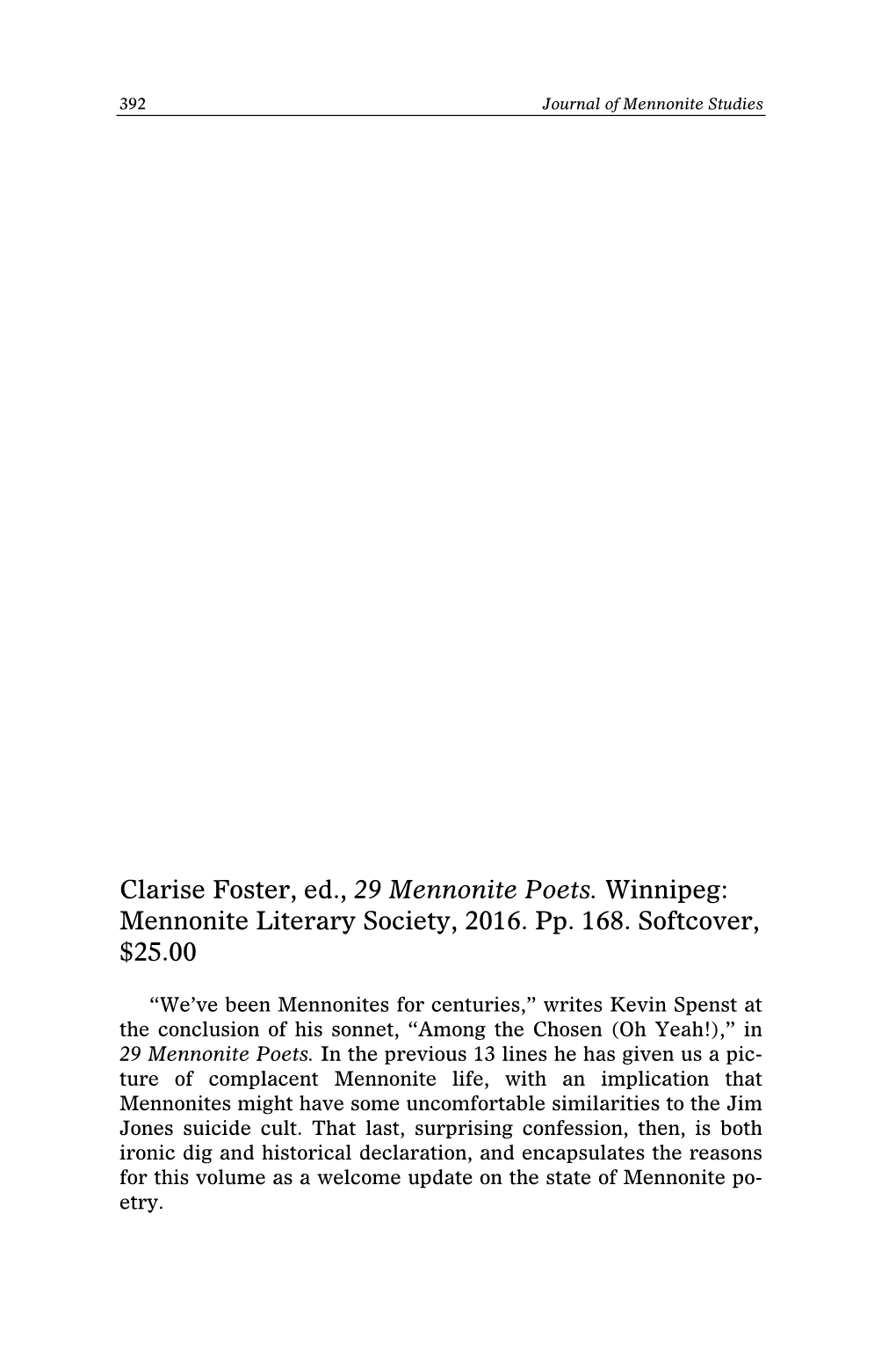 Clarise Foster, Ed., 29 Mennonite Poets. Winnipeg: Mennonite Literary Society, 2016