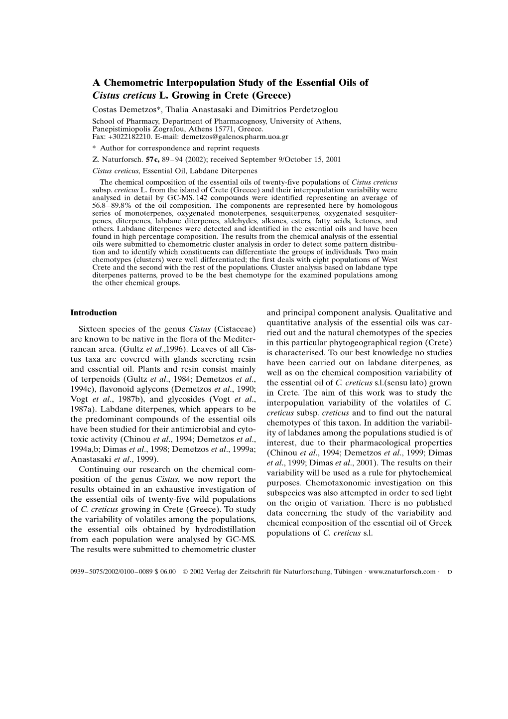 A Chemometric Interpopulation Study of the Essential Oils of Cistus Creticus L