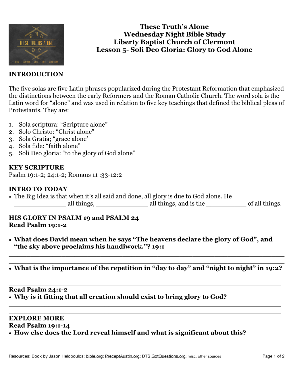 Lesson 5 Soli Deo Gloria HANDOUT