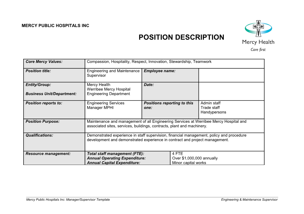 MPHI Position Description Template Manager Supervisor