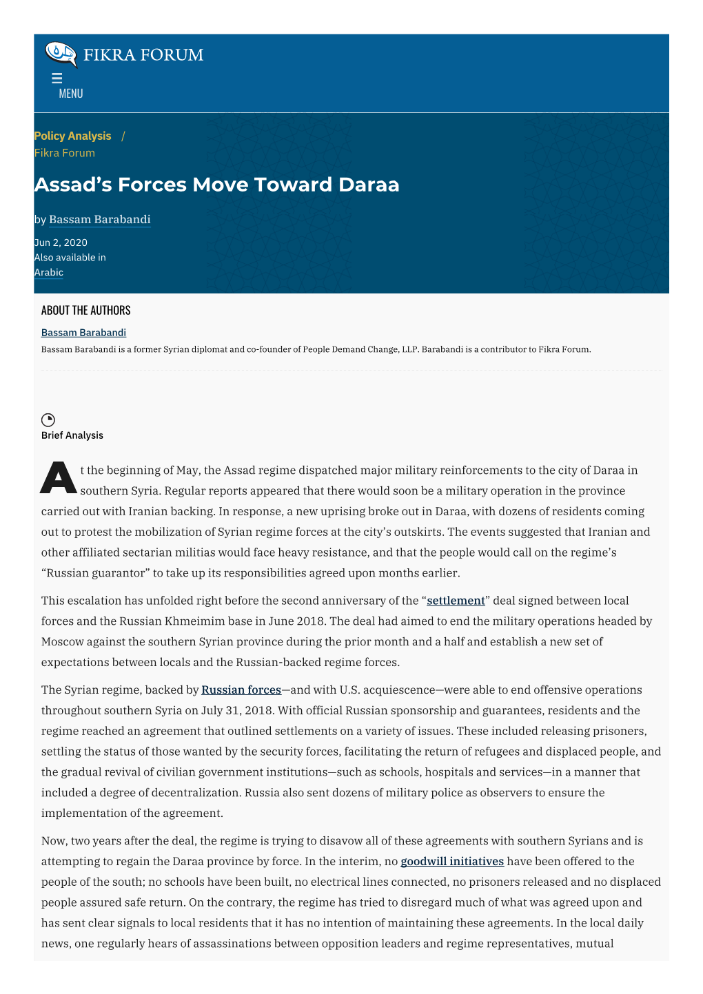 Assad's Forces Move Toward Daraa | the Washington Institute