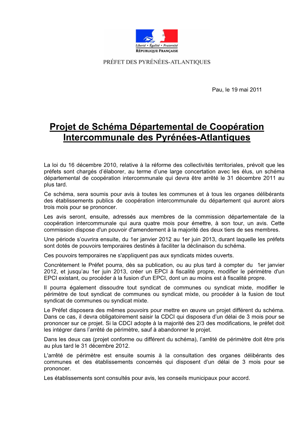 Projet De Schéma Départemental De Coopération Intercommunale Des Pyrénées-Atlantiques