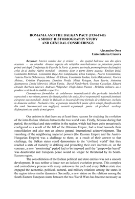 Romania and the Balkan Pact (1934-1940) a Short Historiography Study and General Considerings