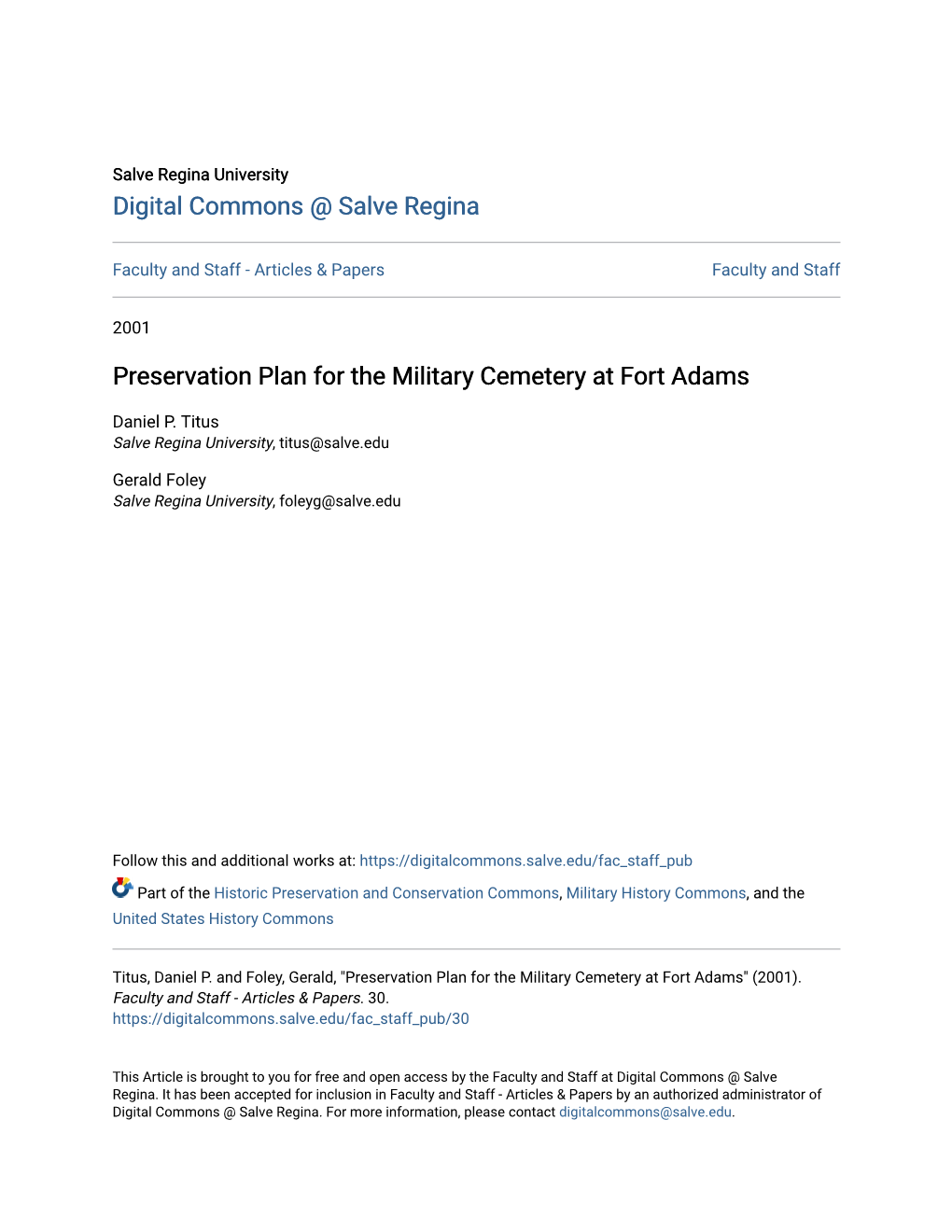 Preservation Plan for the Military Cemetery at Fort Adams